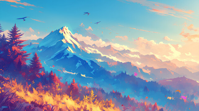 2d Illustration Of An Amazing Beautiful Mountain