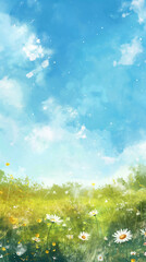 青空とコスモス畑の水彩画