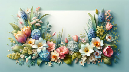 A lush, floral banner showcasing a variety of spring blooms with a tranquil background, perfect for a spring-themed layout. Space for Text - 748018618