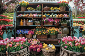 An antique blue pickup truck showcases a colorful arrangement of spring flowers and Easter eggs in a pastoral setting. Designed for use as a seasonal greeting card, advertisement, or a photo backdrop. - obrazy, fototapety, plakaty