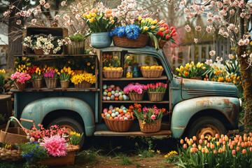 An antique blue pickup truck showcases a colorful arrangement of spring flowers and Easter eggs in a pastoral setting. Designed for use as a seasonal greeting card, advertisement, or a photo backdrop. - obrazy, fototapety, plakaty