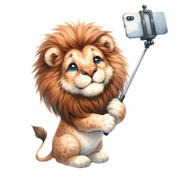 Cute watercolor animal character as a social media influencer with recording mobile phone clipart lion