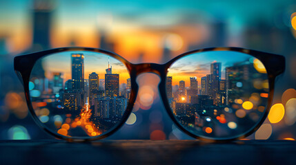 Glasses with sharp and blurred big city.
