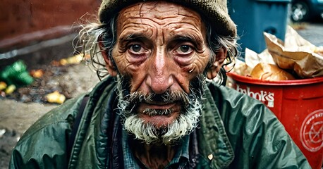 A man with a weathered face and a tin can sits against an urban backdrop. His eyes tell a tale of survival and strength in a challenging environment.