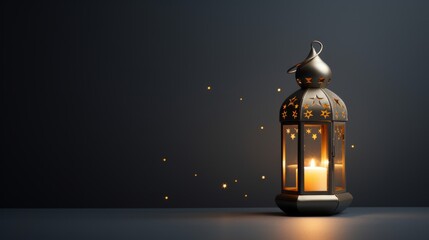Fototapeta premium Ornamental Arabic lantern with burning candle glowing at night. Neural network AI generated art