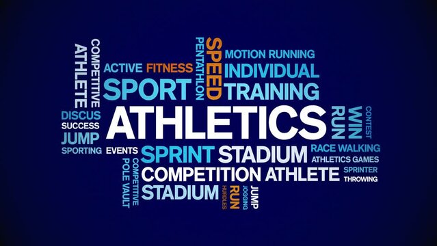 Athletics animated tag word cloud;text design animation kinetic typography seamless loop.