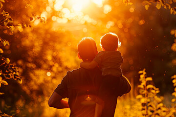 father carries his son on his back as they walk at sunset. father's day concept