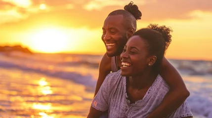 Selbstklebende Fototapeten Black Couple hugging on sunset beach, travel and fun  © thesweetsheep