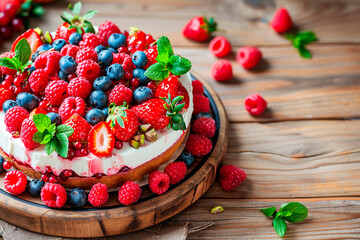 Delicious raspberry cake with fresh strawberries, raspberries and blueberry on wooden table.Copy space