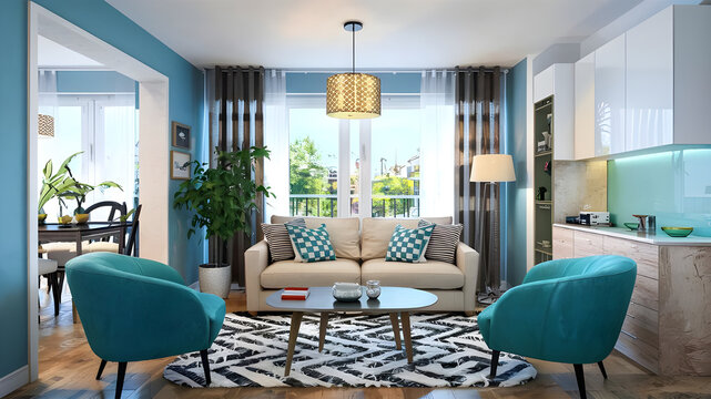 Modern interior design of cozy apartment, living room with beige sofa, turquoise armchairs. Room with window.