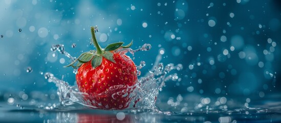 Close-up a vibrant red strawberry splashing into water, on a blue blurred background with copy-space