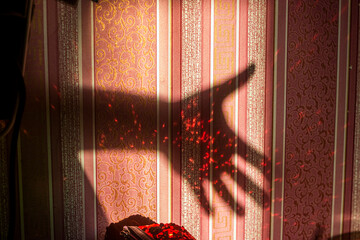 Shadow of a man's hand on the wall with red highlights