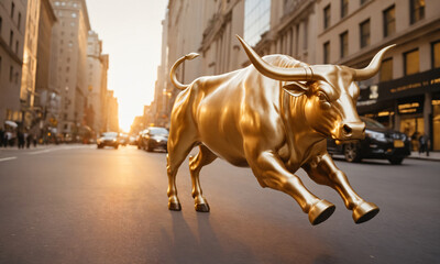 bull market stock exchange rise concept - bull on wall street in financial district