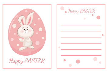 Easter bunny greeting card layout with Happy Easter inscription. Vector editable template with pink color elements for design, print, social media, posters