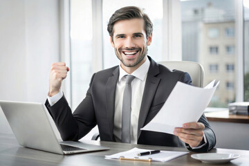 Fototapeta premium Successful Businessman Celebrates Financial Triumph: Rejoicing Over Concluded Agreement in Office Portrait