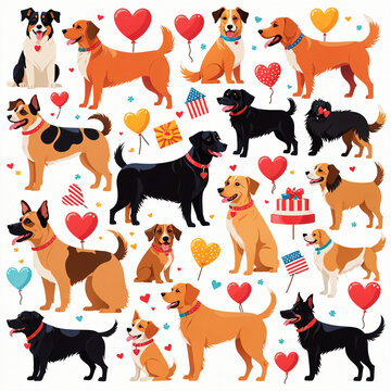 illustrations depicting a variety of dog breeds, dog interactions, and dog accessories. vector, flat design, white background
