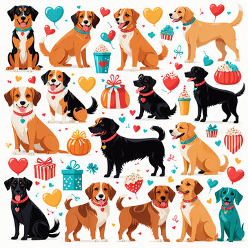 illustrations depicting a variety of dog breeds, dog interactions, and dog accessories. vector, flat design, white background