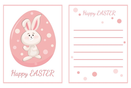Easter bunny greeting card layout with Happy Easter inscription. Vector editable template with pink color elements for design, print, social media, posters
