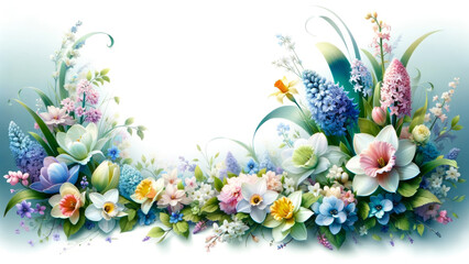 Design a banner adorned with spring flowers and free space for text, creating a serene and inviting springtime atmosphere.