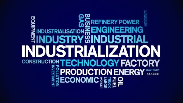 industrialization animated tag word cloud;text design animation kinetic typography seamless loop.