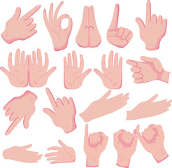 All type of hand emojis, gestures, stickers, emoticons flat vector illustration symbols set, collection