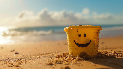 yellow kids bucket with smiley face on sandy beach,happy summer holidays concept