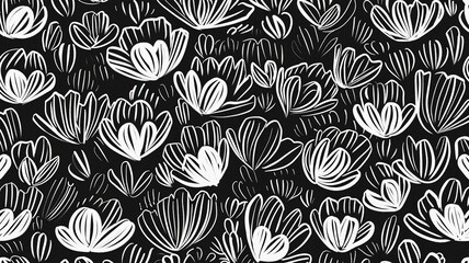 Flowers pattern, black and white, folk art pattern, hand-drawn - obrazy, fototapety, plakaty