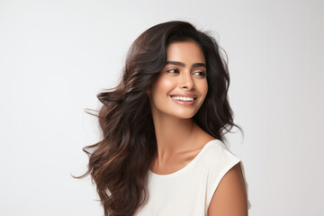 Portrait of a smiling young woman of Indian ethnicity having long flowing hair
