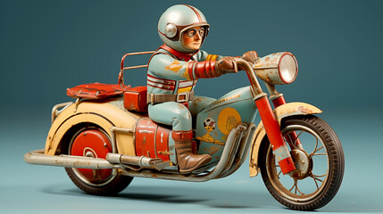 Vintage tin motorcycle or motorbike  with cute bilker