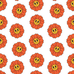 Groovy smiling red flower seamless pattern. Vector isolated on white background for banner, poster, textile. Hippie funky design.