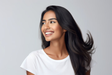Portrait of a smiling young woman of Indian ethnicity having long flowing hair - obrazy, fototapety, plakaty