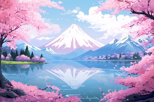 a mountain lake with pink flowers