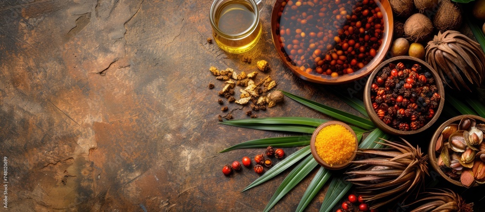 Aufkleber the image shows a table covered with a wide array of different types of spices. each spice is in its