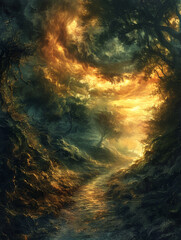 Fototapeta na wymiar Beneath a cursed sky the tunnel of dreams flickers with rays of emotion