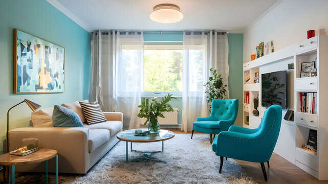 Modern interior design of cozy apartment, living room with beige sofa, turquoise armchairs. Room with window.