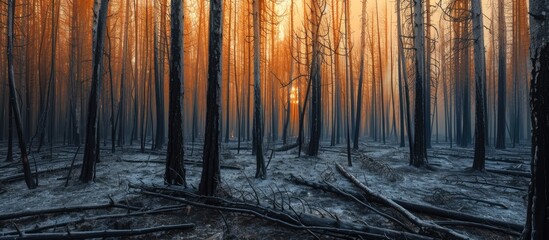 The forest is covered in a blanket of snow, with numerous trees showing signs of devastation from a recent forest fire. The stark contrast between the white snow and charred trees creates a haunting