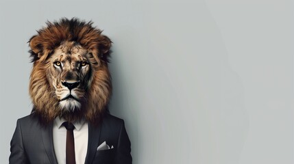 a lion wearing a suit with a tie on a plain white background on the left side of the image and the...