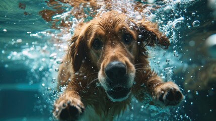 Golden retriever diving in water, dog portrait
