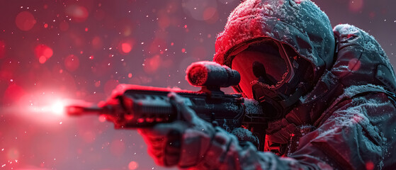 Sniper style RPG shooting game engine close up, Game content background, Illustration about games, Sniper and snow, cover banner game concept