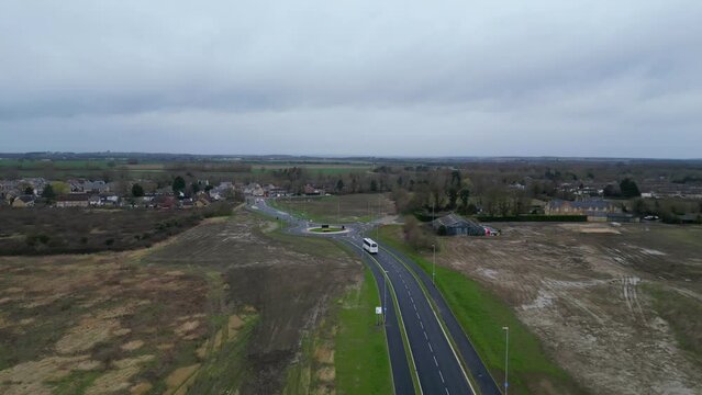 Aerial View of Highways with Traffic Passing Through Arlesey Town to A1M Motorways of England UK. Feb 2nd, 2024