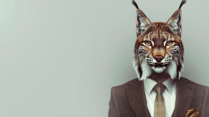 a lynx wearing a suit with a tie on a plain white background on the left side of the image and the right side blank for text,