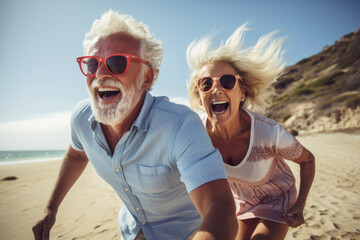 Fun loving elderly couple holidaying in a beach