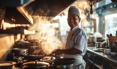 Chef cooking works in the kitchen of a restaurant, fresh food dishes concept.
