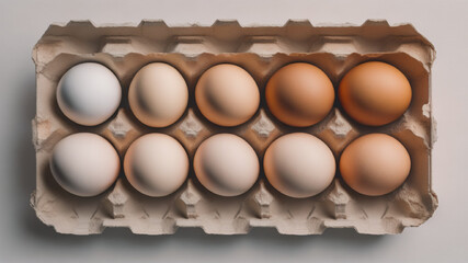 One carton of farm fresh brown and white eggs with a white background.  Dozen eggs in a carton.