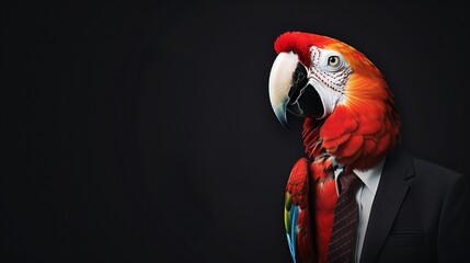 a macaw wearing a suit with a tie on a plain black background on the left side of the image and the right side blank for text,