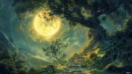  A serene pathway winds through an enchanted forest, bathed in the glow of a bright, magical full moon and twinkling stars, mystic symbols. © Pui