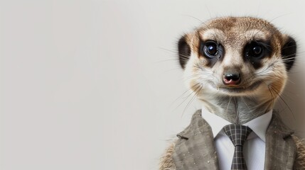 a meerkat wearing a suit with a tie on a plain white background on the left side of the image and the right side blank for text,