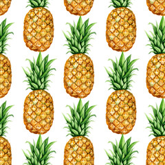 watercolor seamless pattern with ripe pineapple, sketch of tropical fruit, hand drawn illustration, food illustration isolated on white background