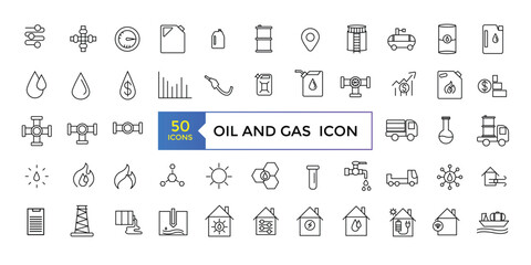 Oil and Gas Related Vector Line Icons. Contains such Icons as Fuel Truck, Gas Station, Oil Factory, Transportation and more. Editable Stroke.