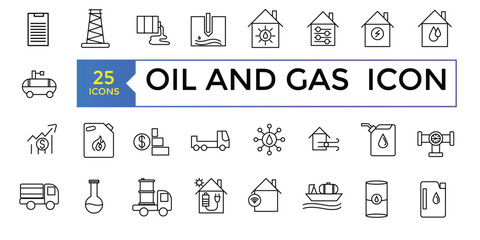 Oil and Gas Related Vector Line Icons. Contains such Icons as Fuel Truck, Gas Station, Oil Factory, Transportation and more. Editable Stroke.
